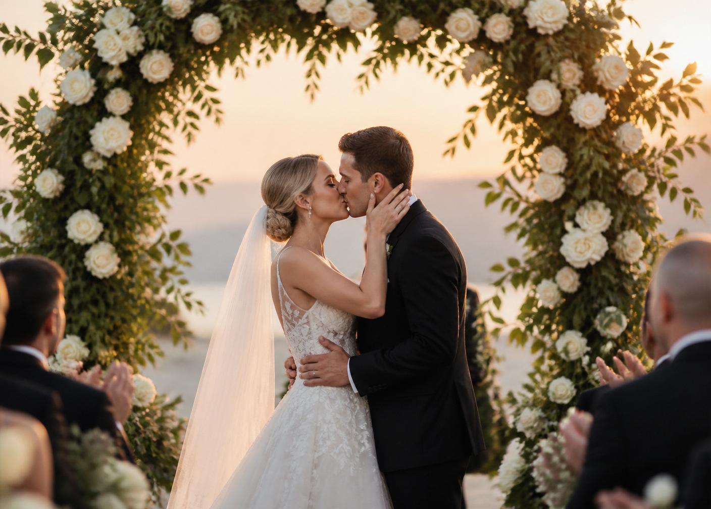 Bride and groom sharing their first kiss under a rose-covered ceremony arch at sunset