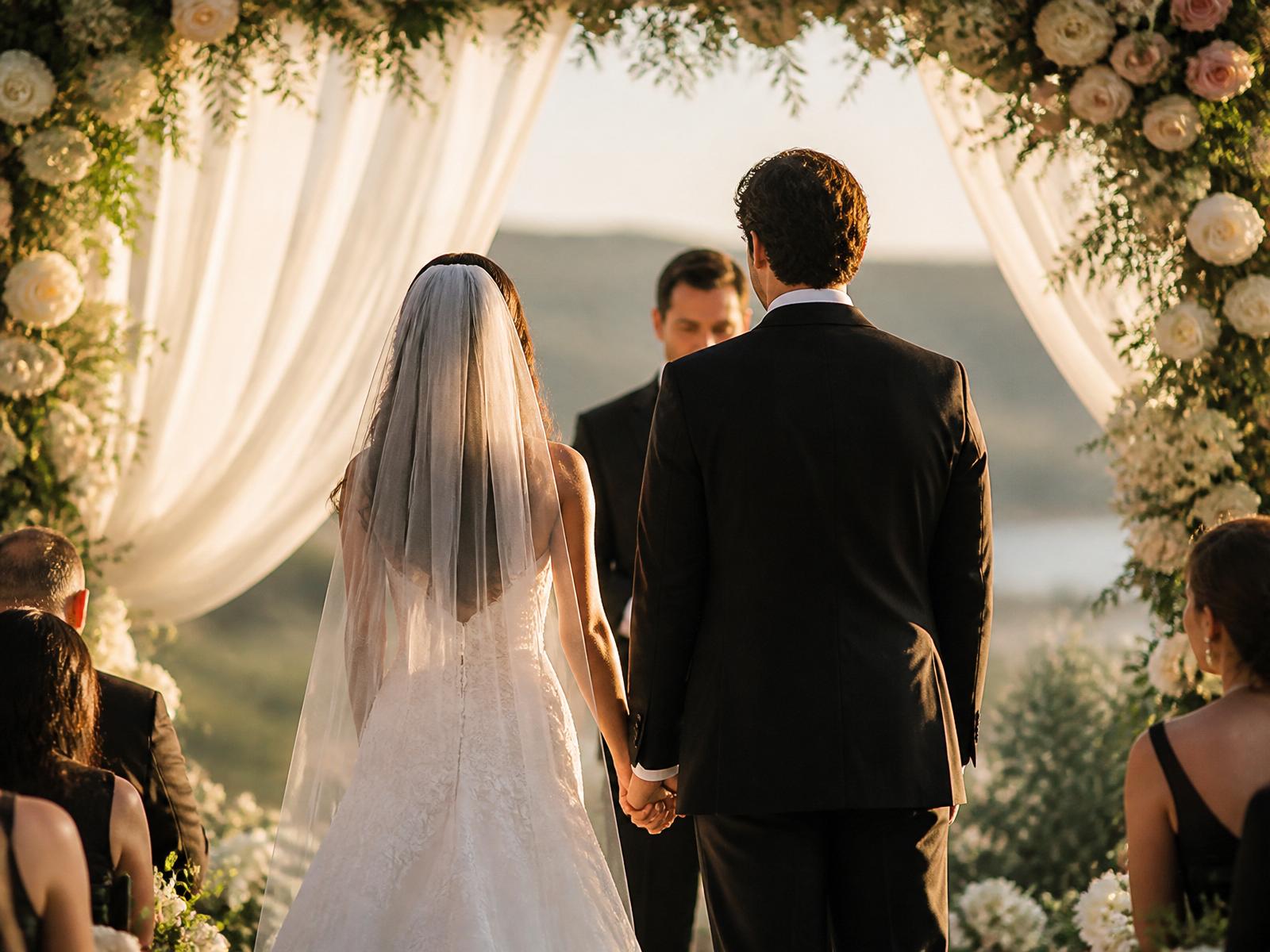 Bride and groom holding hands at a floral ceremony arch in soft afternoon light